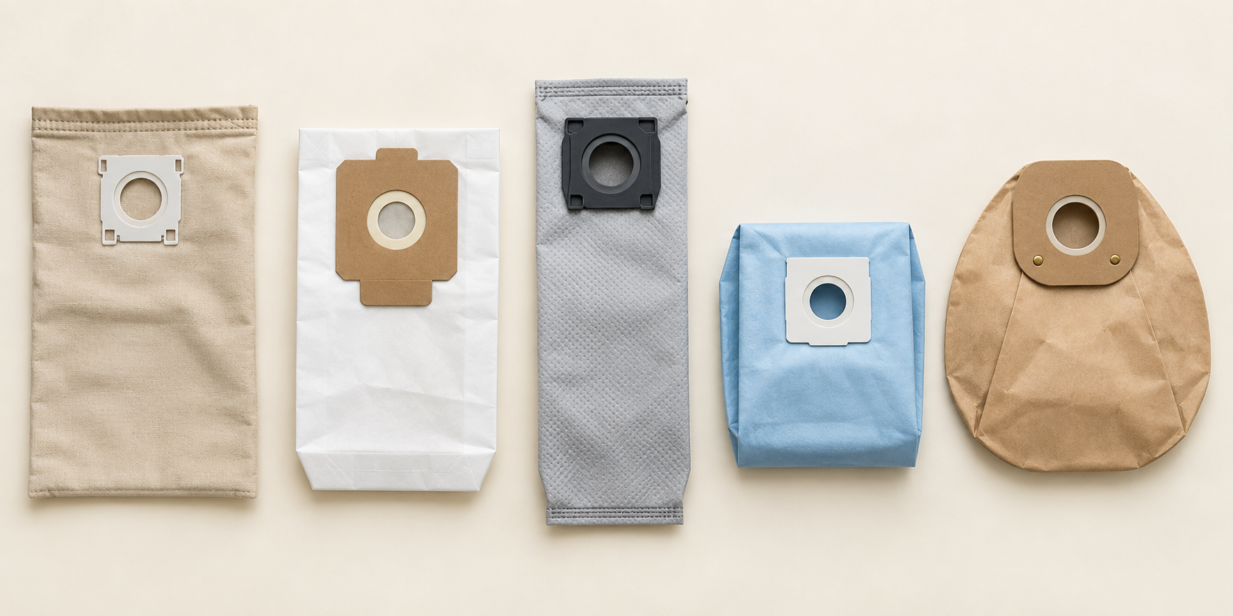 A row of different vacuum cleaner dust bags of varying shapes and sizes laid out side by side